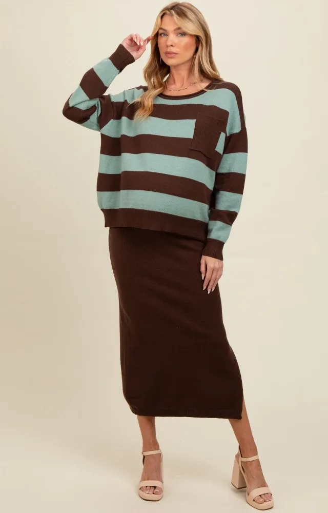 Brown Striped Sweater And Fitted Midi Skirt Maternity Set