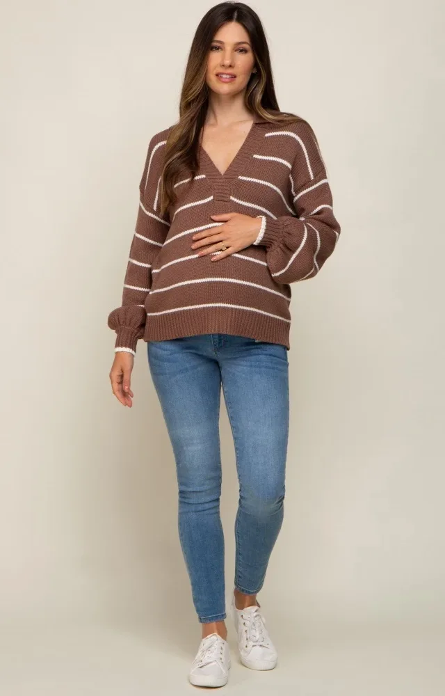 Brown Striped V-Neck Collared Maternity Sweater