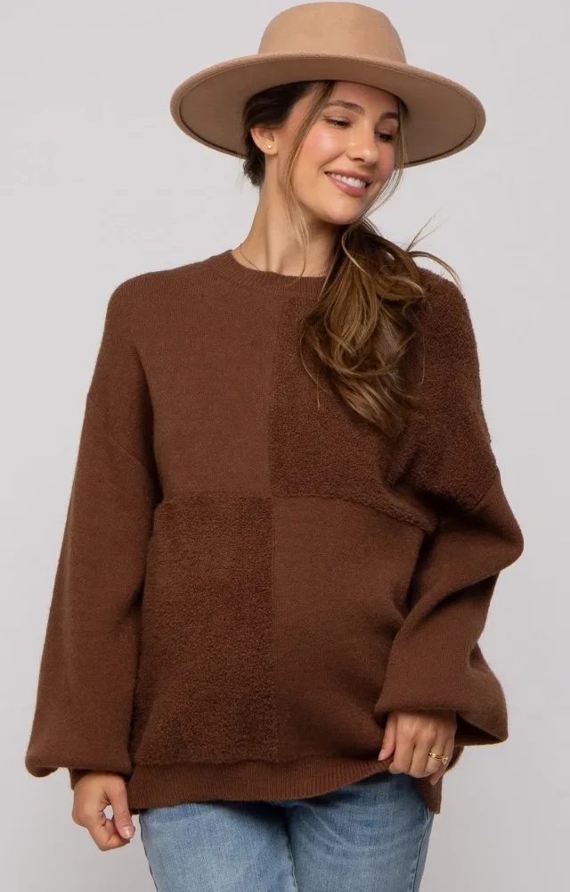 Brown Textured Checker Maternity Sweater