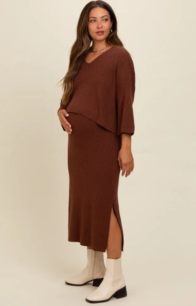 Brown Textured Knit Top And Midi Skirt Maternity Set