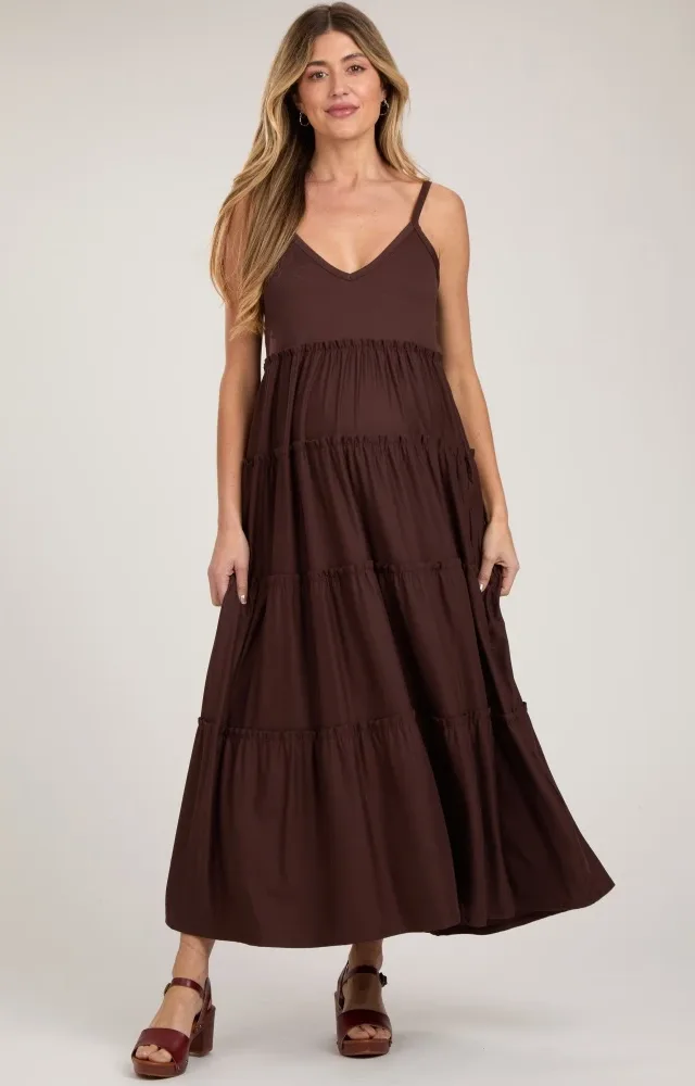 Brown Tiered Sleeveless Maternity Maxi Dress