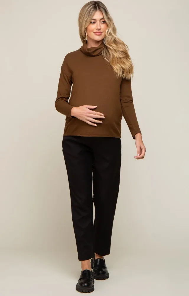 Brown Turtleneck Long Sleeve Maternity Top