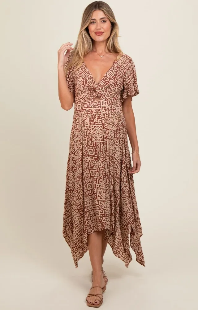 Brown Twist Front Cutout Maternity Maxi Dress