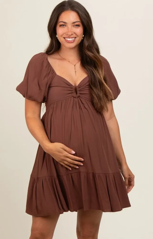 Brown U Notched Bubble Short Sleeve Maternity Dress