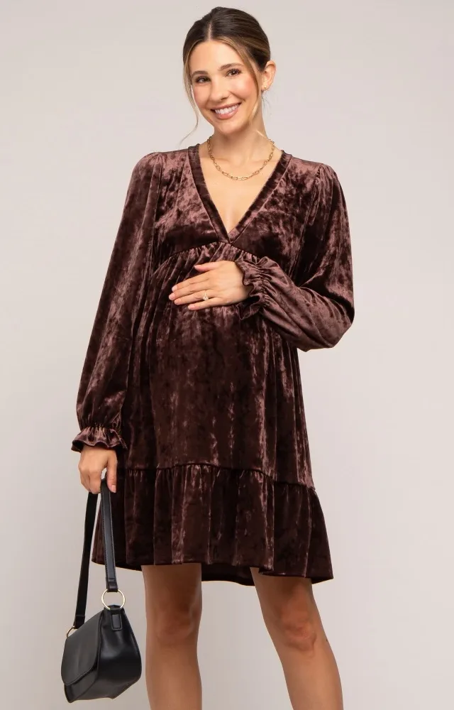 Brown Velvet Long Sleeve Maternity Dress