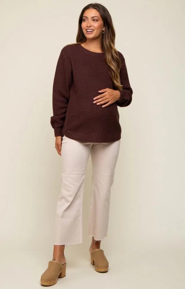 Brown Waffle Knit Round Hem Maternity Sweater