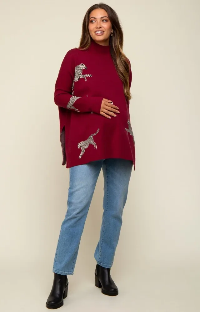 Burgundy Animal Print Side Slit Maternity Sweater