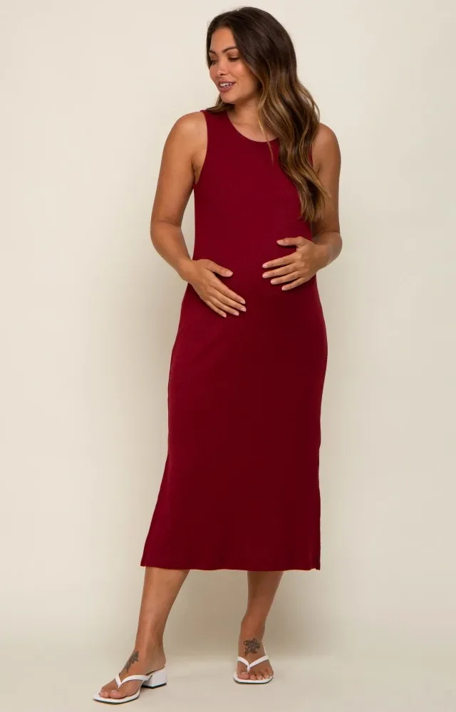 Burgundy Basic Ribbed Side Slit Maternity Midi Dress