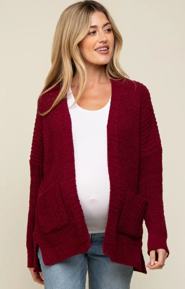 Burgundy Brushed Chenille Knit Maternity Cardigan