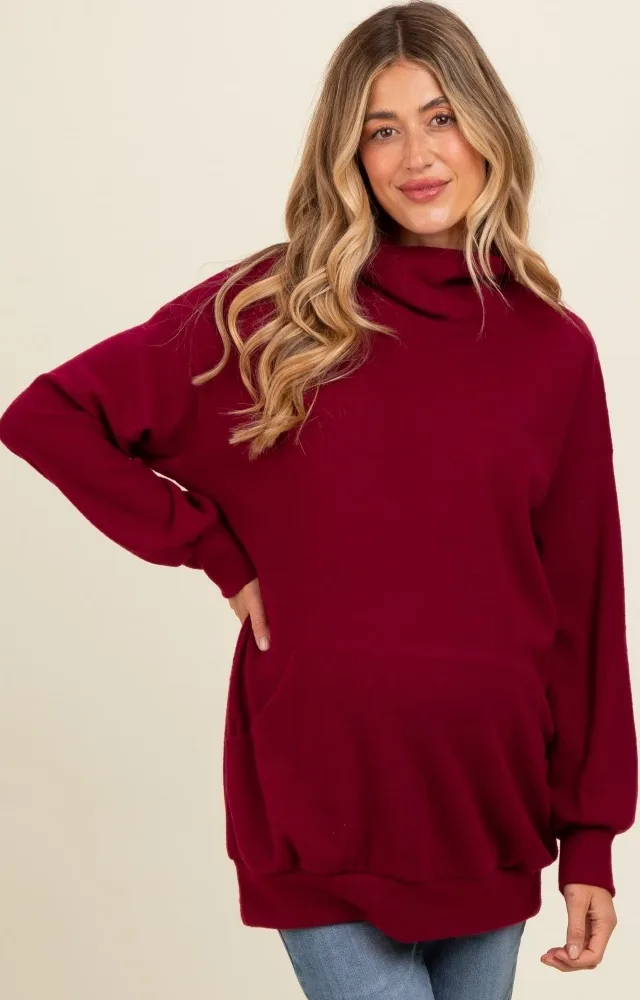 Burgundy Brushed Knit Cowl Neck Maternity Pullover