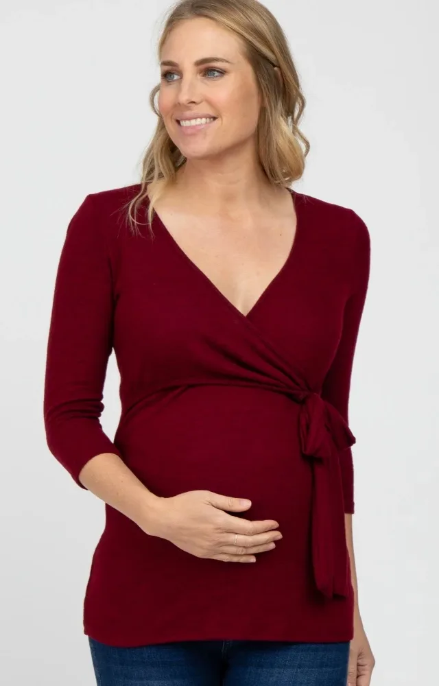 Burgundy Brushed Knit Maternity Wrap Top