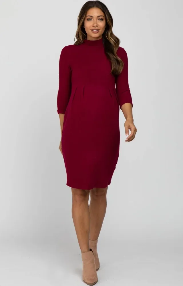 Burgundy Brushed Mock Neck Fitted Maternity Dress