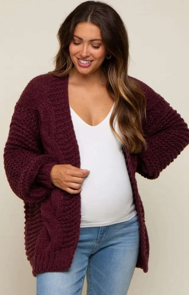 Burgundy Chunky Knit Maternity Cardigan