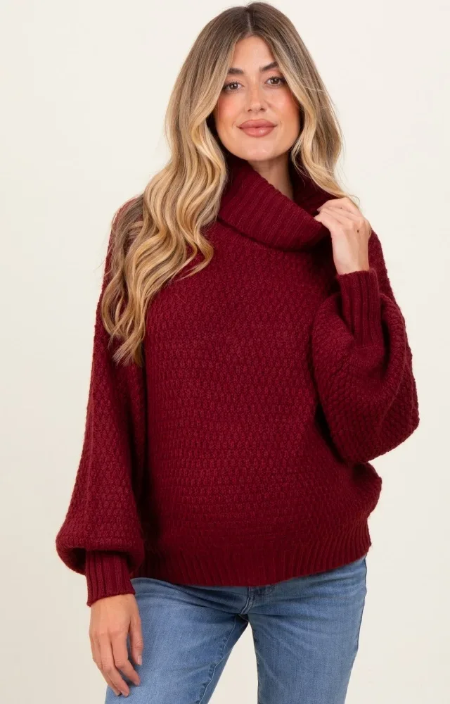 Burgundy Chunky Knit Turtleneck Maternity Sweater