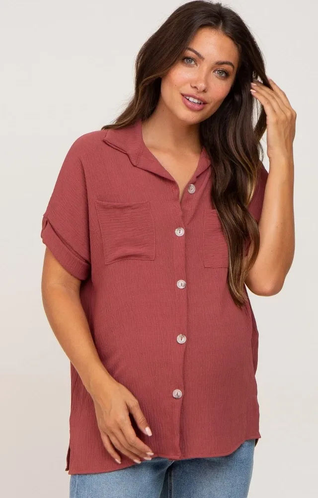 Burgundy Collared Button-Down Maternity Blouse