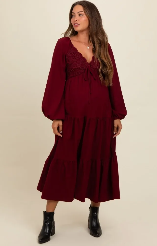 Burgundy Contrast Lace Bodice Tiered Maternity Midi Dress