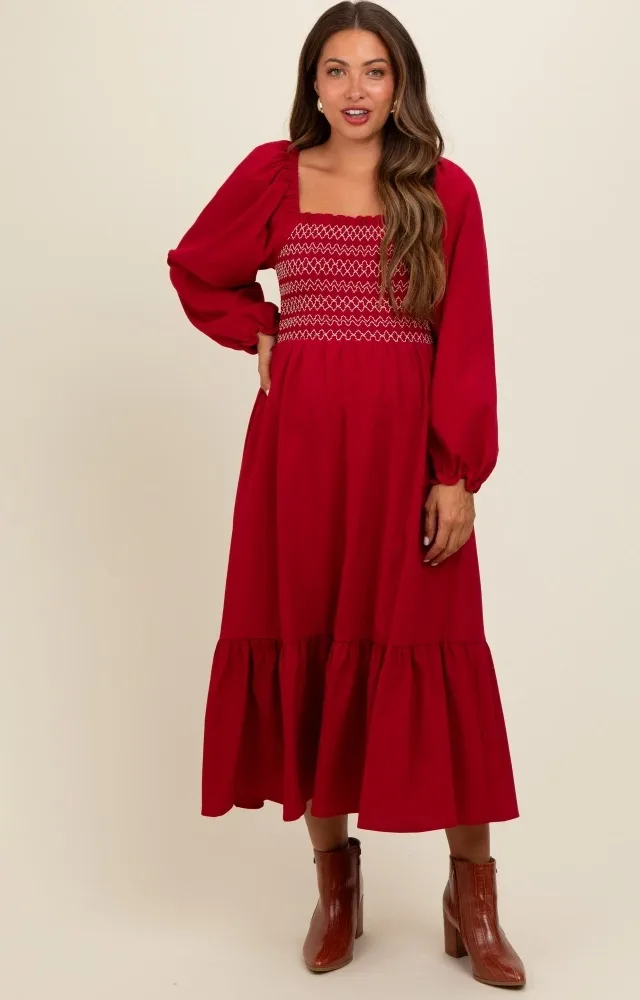 Burgundy Contrast Smocked Balloon Sleeve Maternity Midi Dress