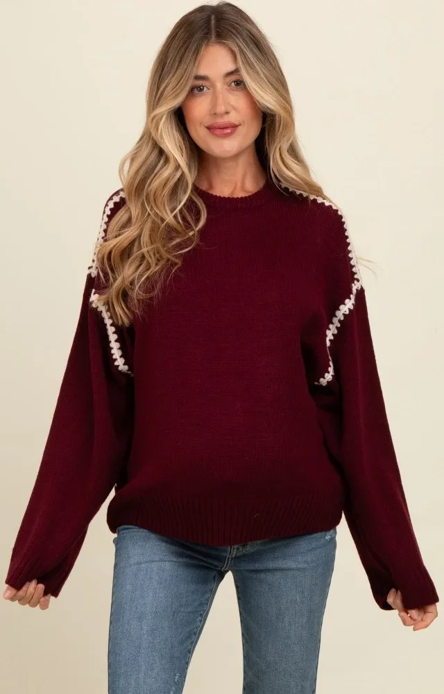 Burgundy Contrast Stitch Maternity Sweater