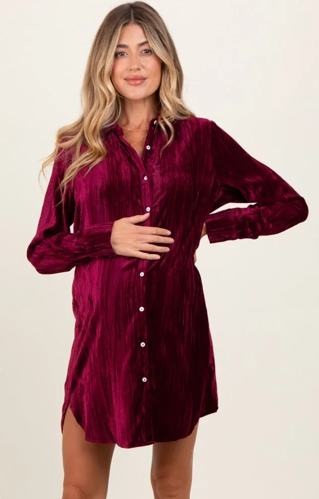 Burgundy Crinkled Velvet Button Down Maternity Shirt Dress