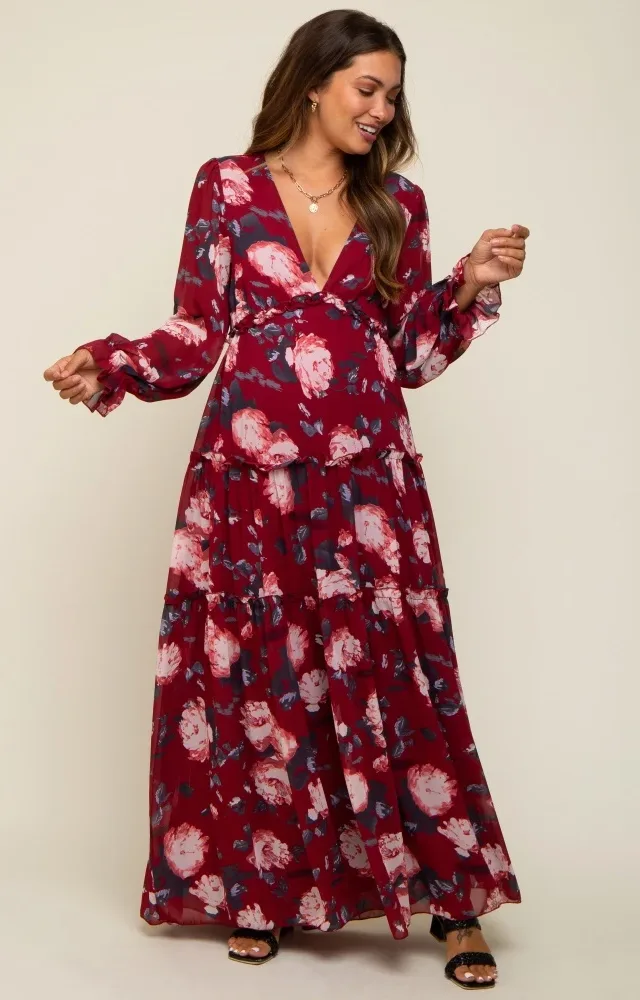 Burgundy Floral Chiffon V-Neck Lettuce Edge Tiered Maternity Maxi Dress