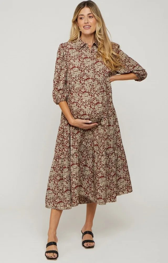 Burgundy Floral Collared Tiered Maternity Maxi Dress