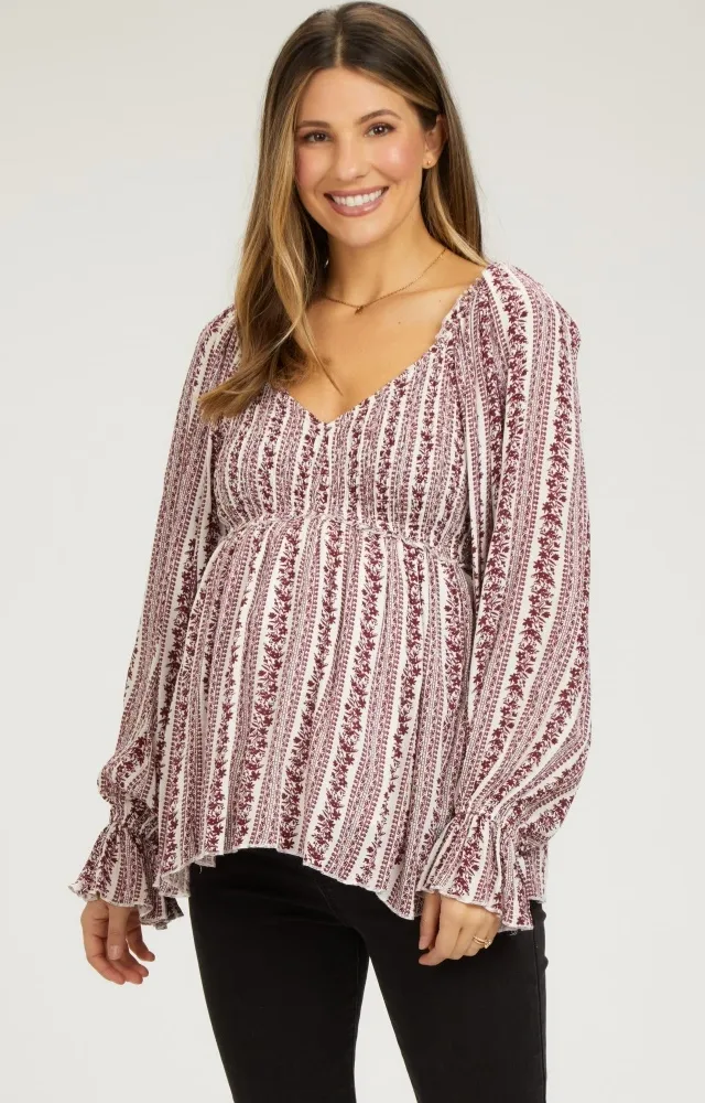 Burgundy Floral Long Sleeve Maternity Blouse