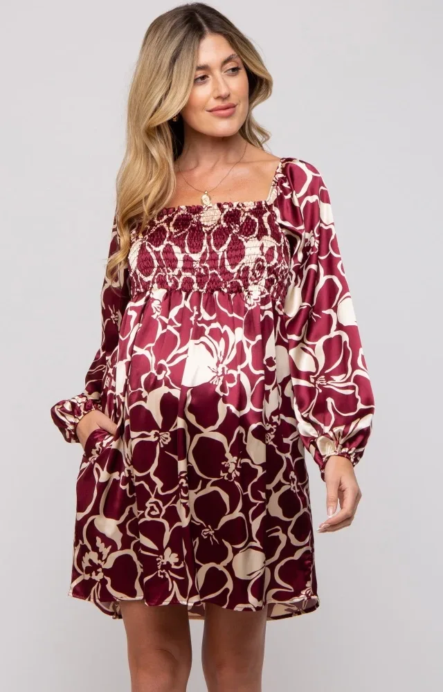 Burgundy Floral Satin Long Sleeve Maternity Dress