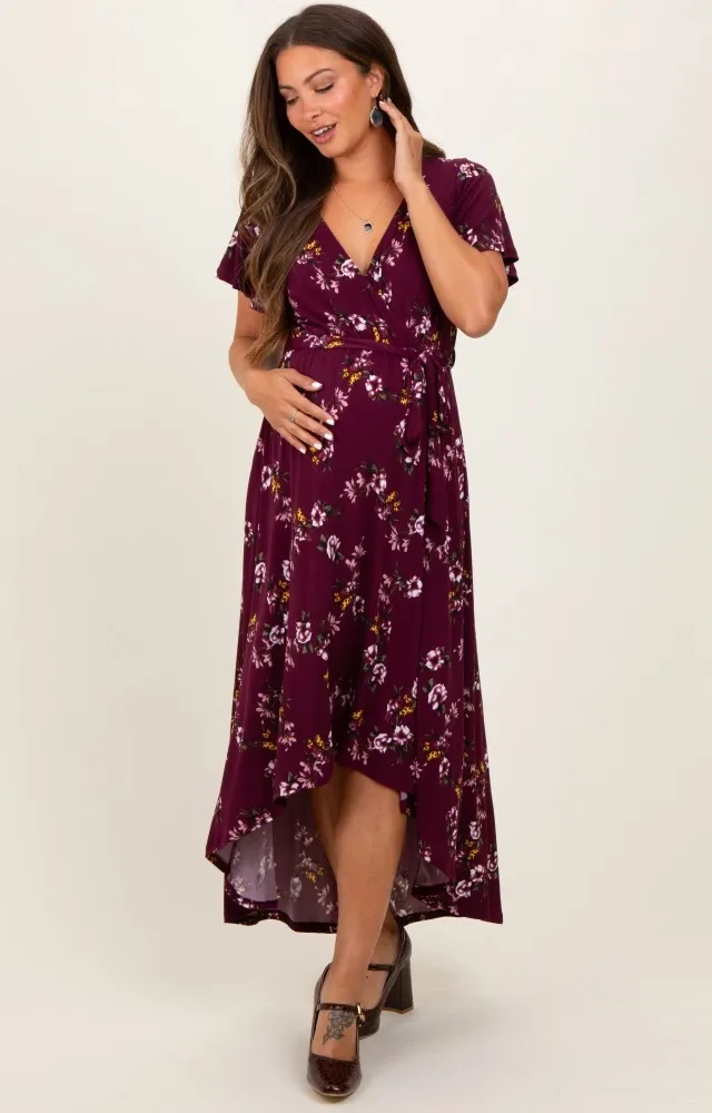 Burgundy Floral Short Sleeve Wrap Hi-Low Maternity Maxi Dress