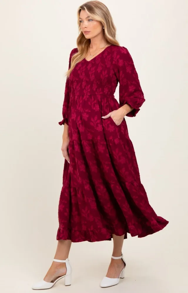 Burgundy Floral Smocked V-Neck Maternity Maxi Dress