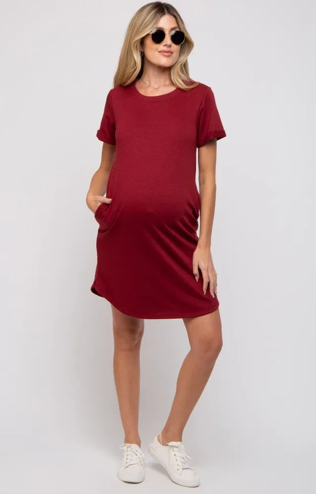 Burgundy French Terry Cuffed Short Sleeve Maternity Dress