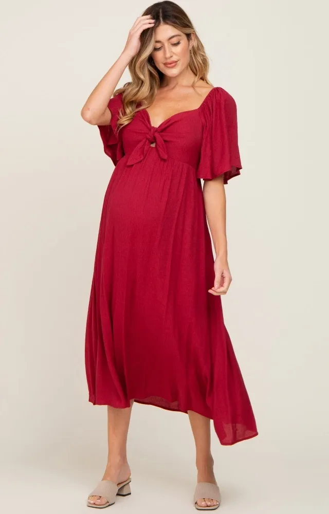 Burgundy Front Tie Ruffle Sleeve Maternity Midi Dress