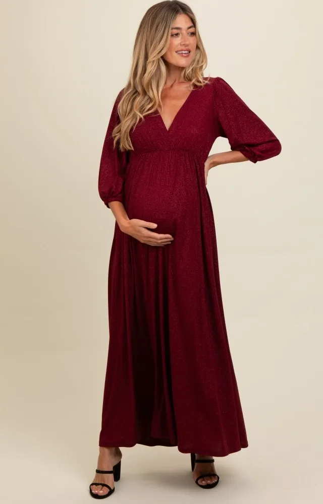 Burgundy Glitter V-Neck Maternity Maxi Dress