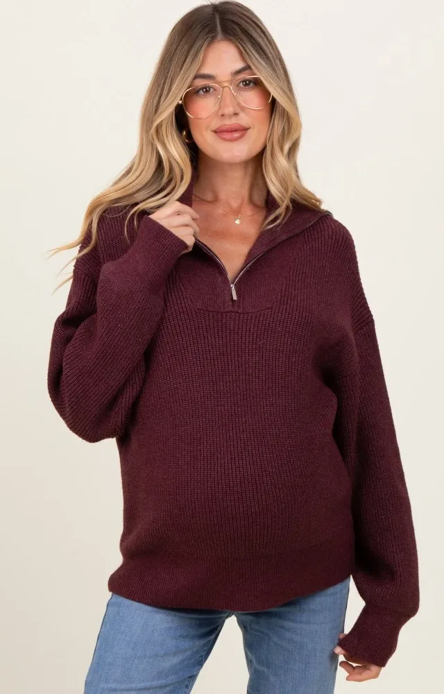 Burgundy Half Zip Chunky Knit Maternity Pullover Sweater