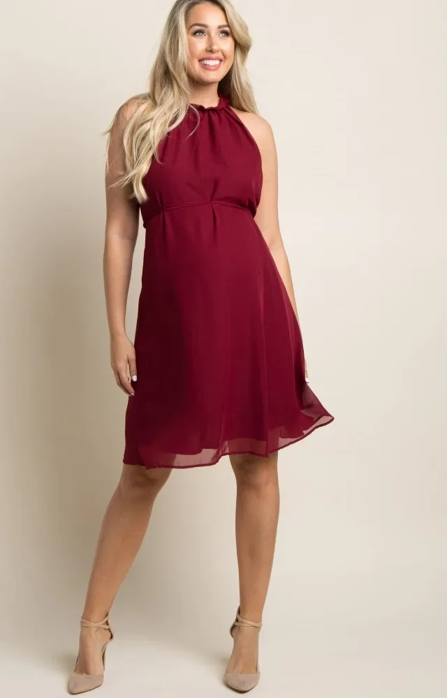 Burgundy High Neck Maternity Dress