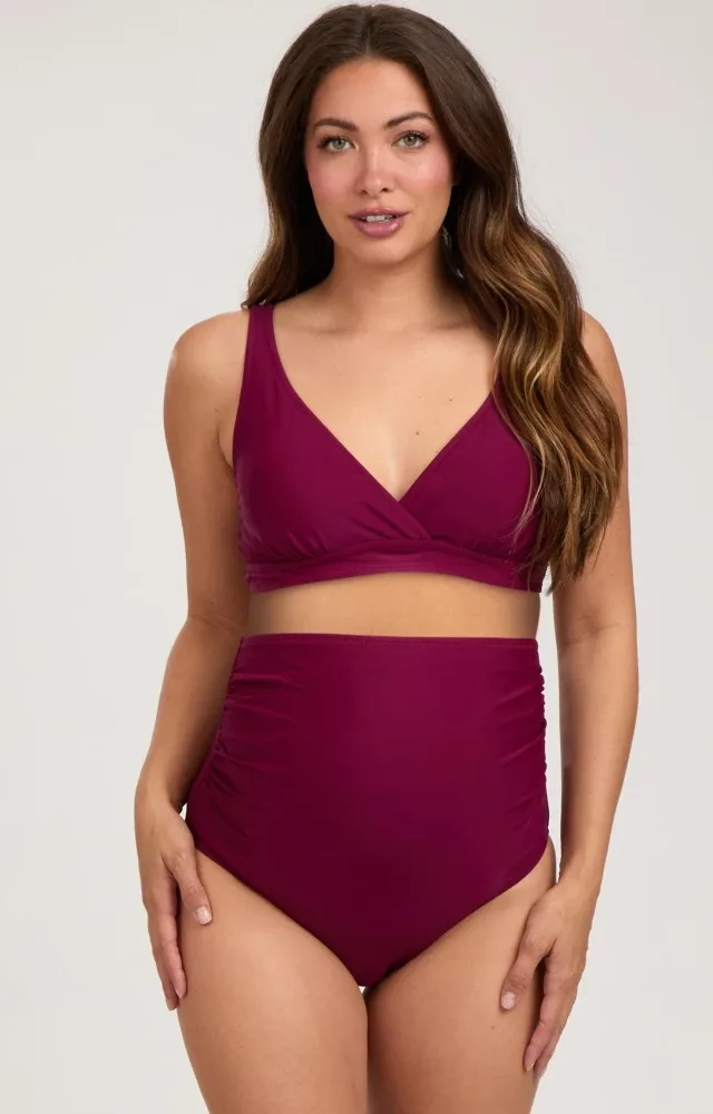 Burgundy High Waist Maternity Bikini Set