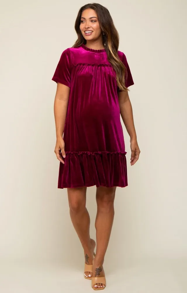 Burgundy Jade Ruffle Accent Velvet Maternity Dress