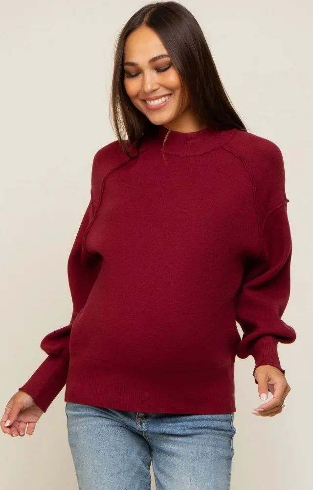 Burgundy Knit Long Sleeve Mock Neck Maternity Top