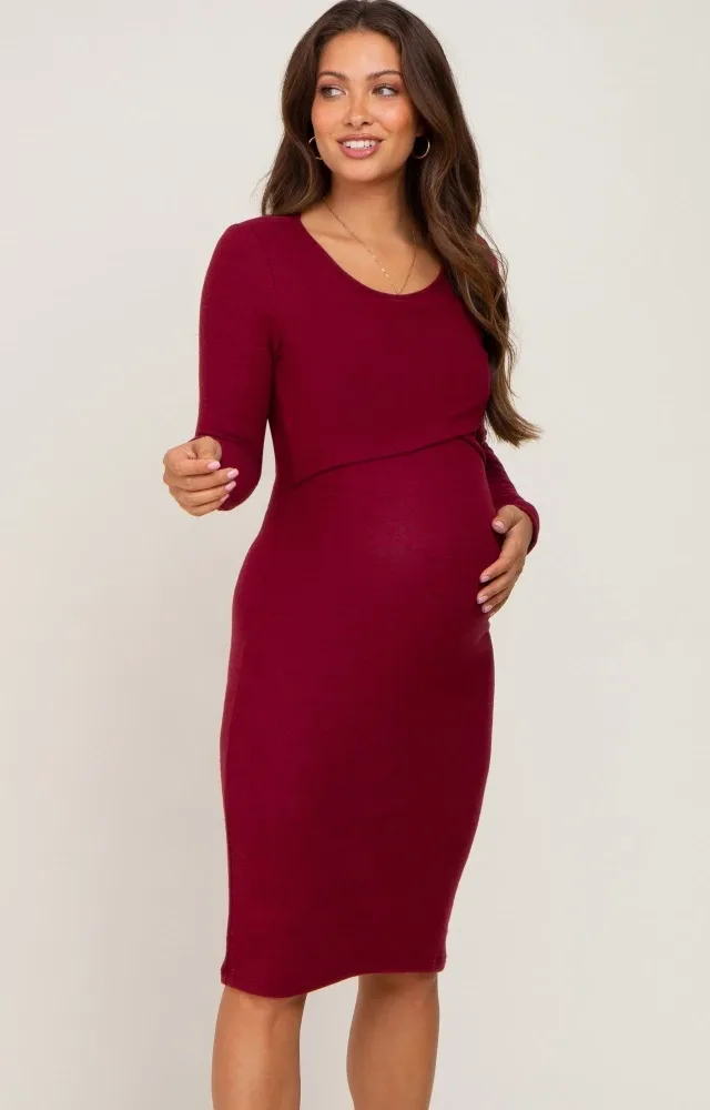 Burgundy Knit Maternity Wrap Nursing Dress