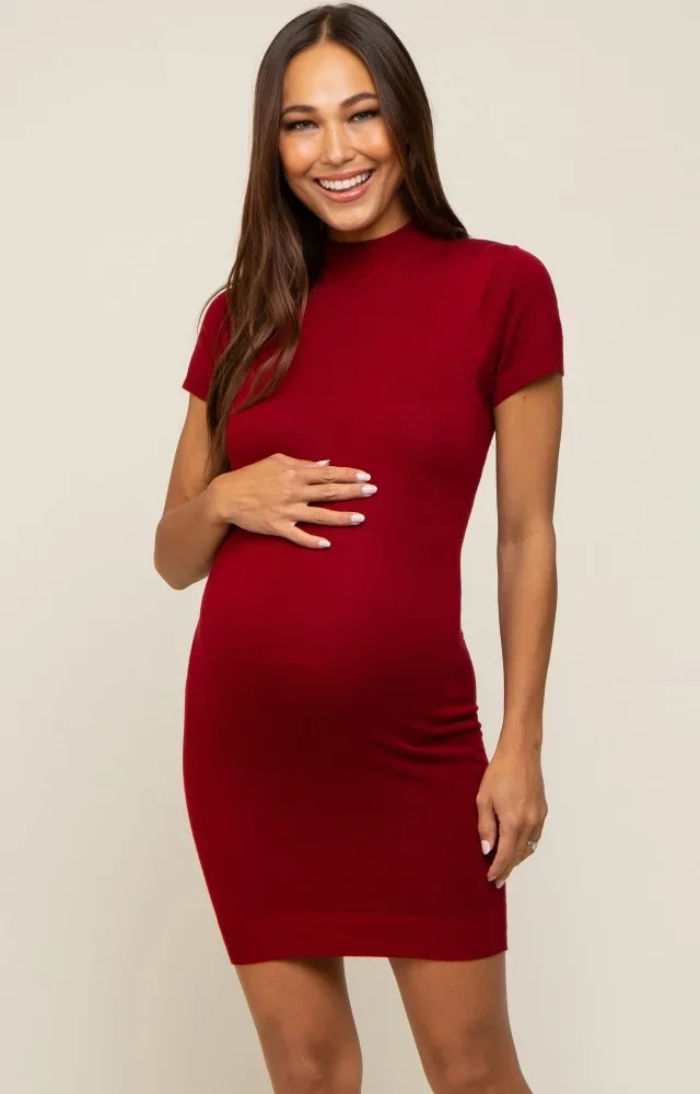 Burgundy Knit Mock Neck Fitted Maternity Dress