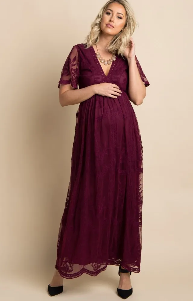 Burgundy Lace Overlay Maternity Maxi Dress