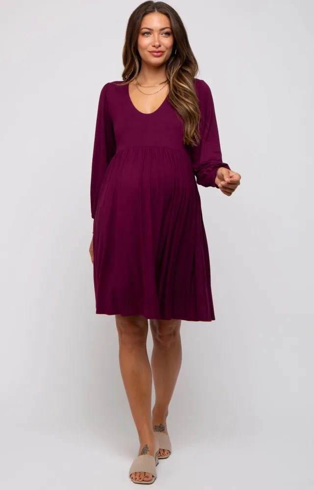 Burgundy Long Puff Sleeve Maternity Dress