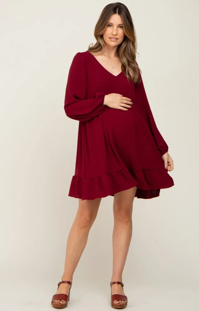 Burgundy Long Sleeve Gathered Tier Maternity Dress