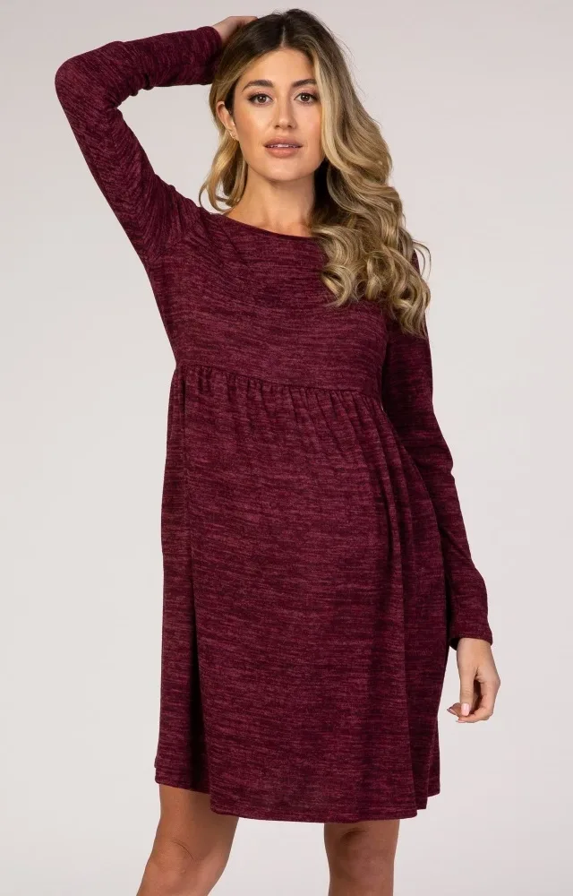 Burgundy Long Sleeve Knit Maternity Dress