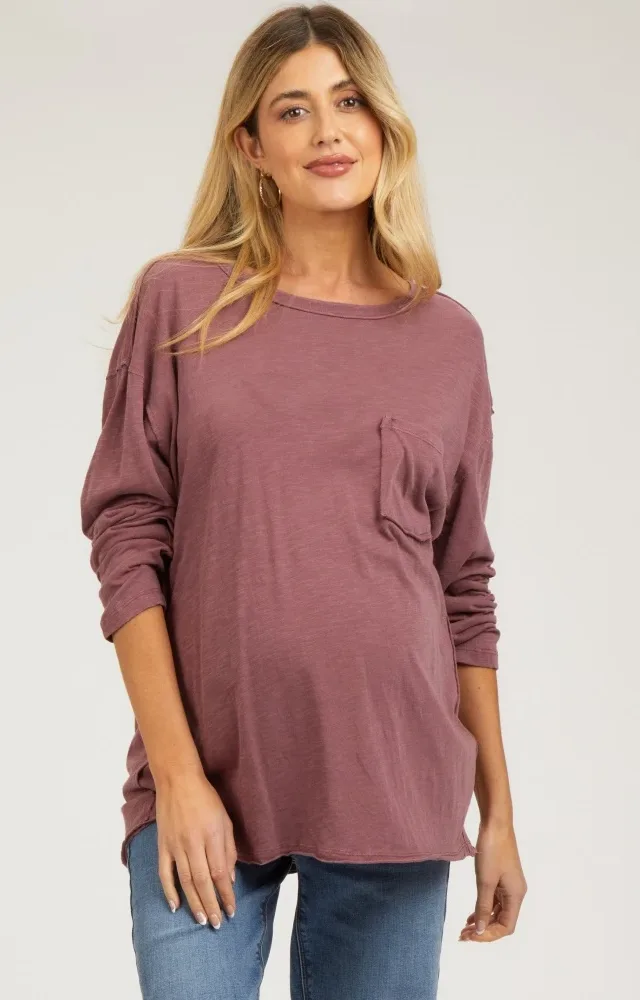 Burgundy Mineral Wash Front Pocket Long Sleeve Maternity Top