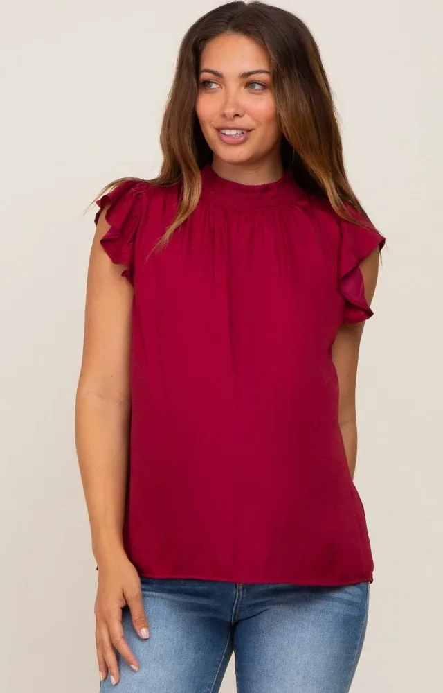 Burgundy Mock Neck Flutter Maternity Blouse