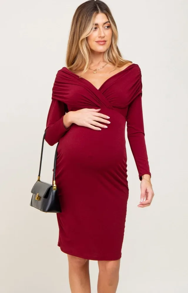 Burgundy Off Shoulder Long Sleeve Maternity Dress