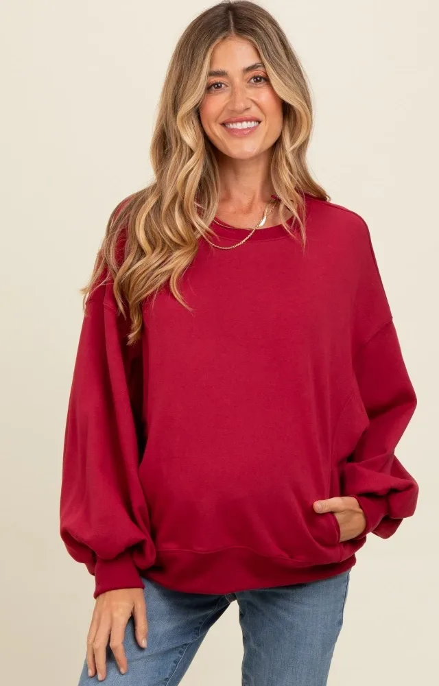 Burgundy Oversized Balloon Sleeve Maternity Sweatshirt