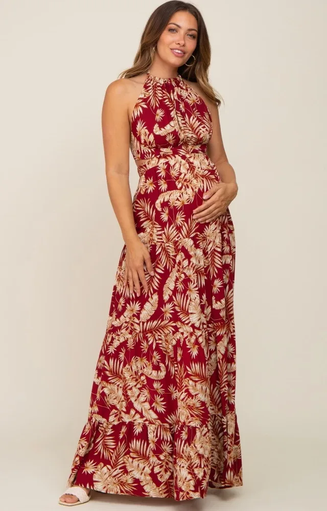 Burgundy Palm Open Back Halter Tiered Maternity Maxi Dress