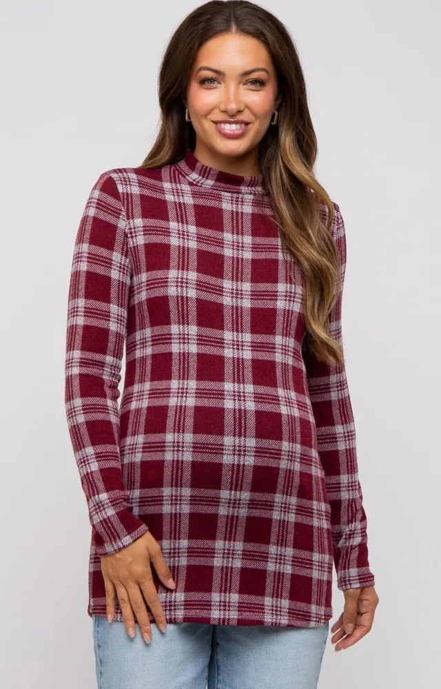 Burgundy Plaid Mock Neck Brushed Long Sleeve Maternity Top