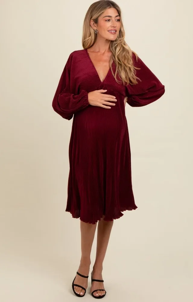 Burgundy Pleated Deep V-Neck Maternity Midi Dress